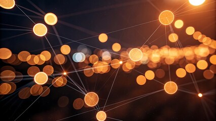 Vibrant abstract illustration of global connectivity with shining nodes and blurred background lights.