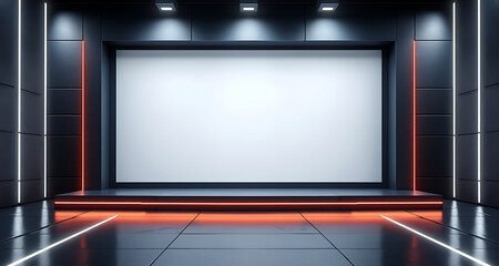 Modern futuristic stage with blank screen and neon lighting