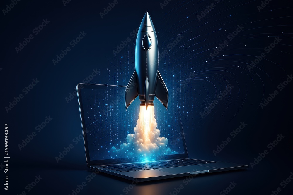Poster rocket ship emerging from open laptop transforming digital dreams into space exploration reality