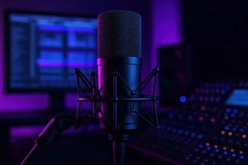 Professional recording studio setup with glowing LED microphone and atmospheric lighting