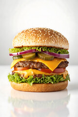 Delicious double cheeseburger with fresh lettuce tomato onion and pickles