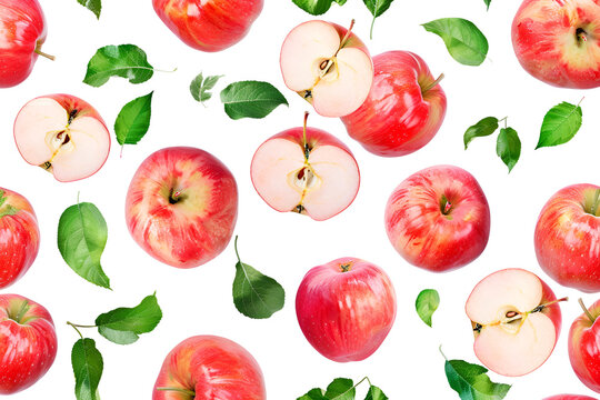 Red Apples and Green Leaves on Black Background