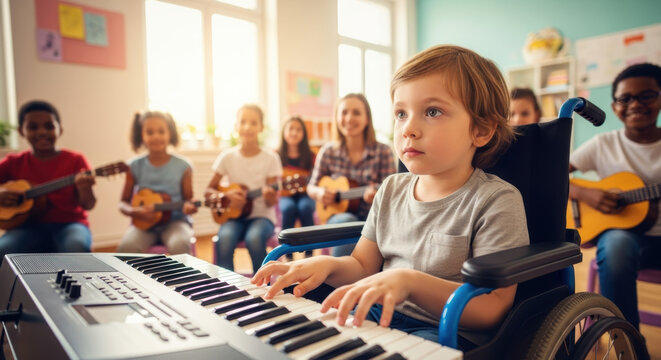 A young boy in a wheelchair plays a keyboard in a music class with other children and an instructor