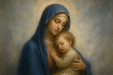 Sacred Renaissance artwork depicting Madonna and Child with contemporary digital art techniques