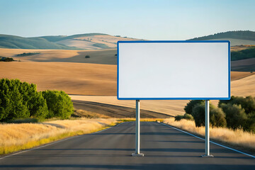 Empty blank billboard sign on a paved road in a rural landscape