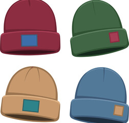 Colorful beanie hat illustration set, vector winter fashion accessories, warm knit caps for casual wear, headwear template mockup design