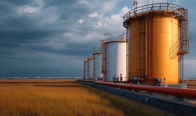 Obraz premium Tank compressor station at oil and gas facility under a dramatic sky