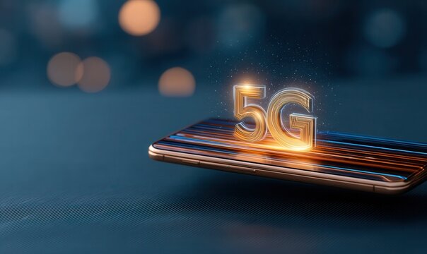 Futuristic holographic 5g text glowing over mobile device with digital display