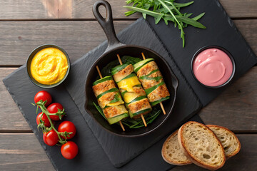 Delicious zucchini rolls with cherry tomatoes and dips served on a rustic wooden table