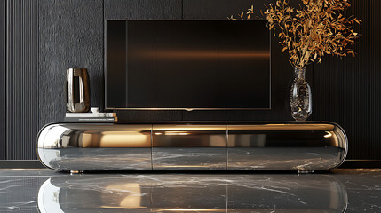 A silver television stand with a black television on top of it