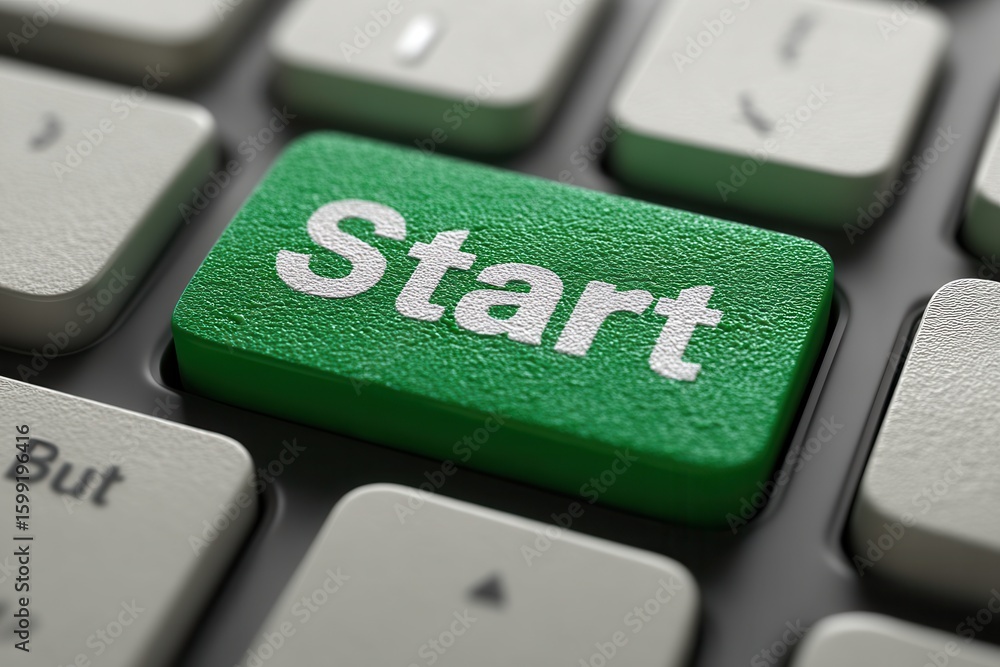 Poster green start button on computer keyboard symbolizing new beginnings for entrepreneurs