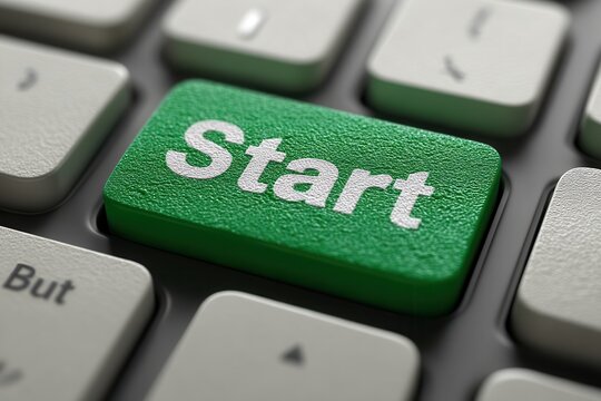 Green start button on computer keyboard symbolizing new beginnings for entrepreneurs - Powered by Adobe