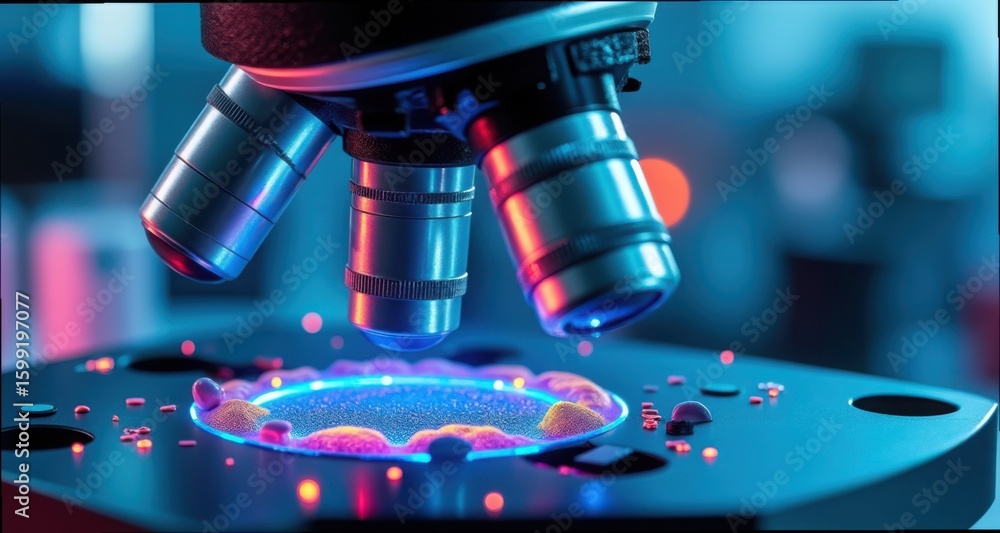 Poster advanced microscope lens focusing on synthetic sample in laboratory