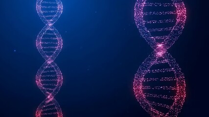 Digital glowing DNA spiral on blue background. Abstract genetic engineering and scientific medical research animation footage. - Powered by Adobe