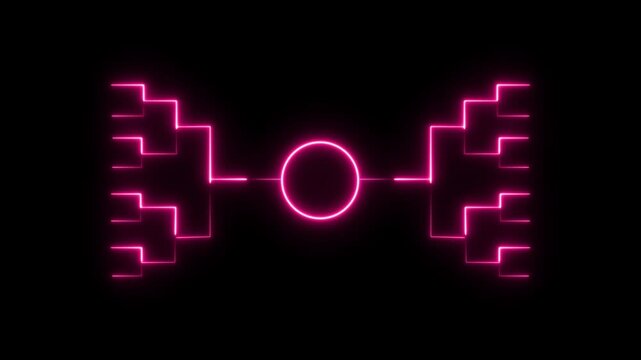 neon pink visual depicts a symmetrical branching structure with a central node, symbolizing data organization, flowcharts, decision trees, network logic, or tournament bracket frameworks.