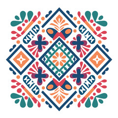 Decorative geometric pattern with vibrant colors and floral elements for design inspiration