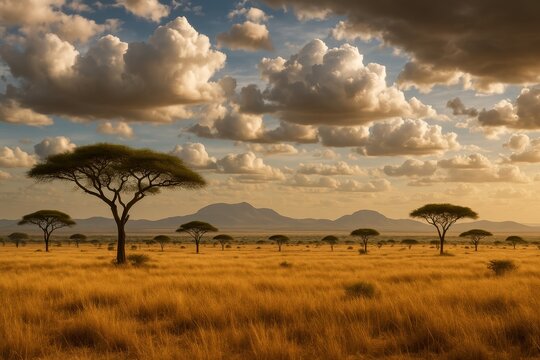 Fototapeta African safari landscape with acacia trees and distant mountains in pristine wilderness national park