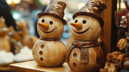 Wooden snowman ornaments, Christmas market stall, festive background, holiday gift
