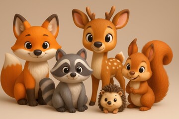 Fototapeta premium Adorable woodland animals including fox raccoon and deer illustrated in charming 3D cartoon style perfect for children's content