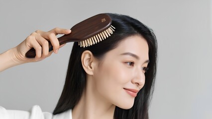 Smiling woman brushing long black hair with wooden hairbrush in minimalistic setting

