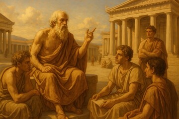 Ancient Greek philosopher teaching wisdom in classical Athens marketplace