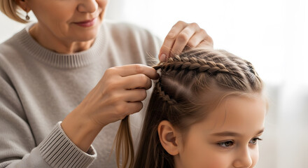 Fototapeta premium Loving Grandmother Creating Beautiful Braids on Her Granddaughter’s Hair with a Softly Focused White Background