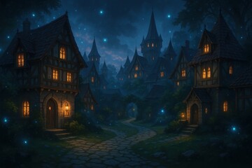 Charming medieval village with cobblestone streets timber-framed houses and mystical atmosphere perfect for fantasy storytelling and gaming