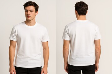 Clean white t-shirt mockup template showing front and back views for apparel design and branding applications