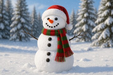 Obraz premium Cheerful snowman wearing colorful winter accessories standing in fresh powder snow landscape