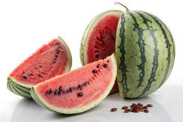 Fresh ripe watermelon slices and whole fruit on white background