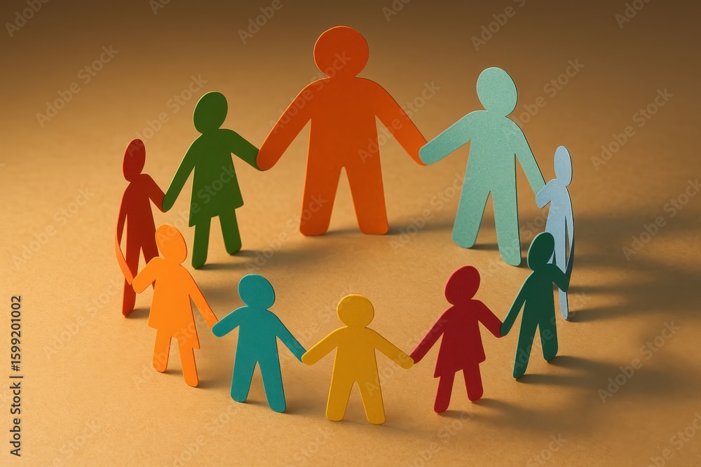 Poster community unity concept showing diverse paper figures holding hands in collaborative circle formatio