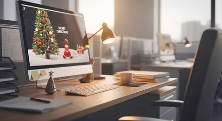 Decorated Office Computer Screen with Christmas Theme