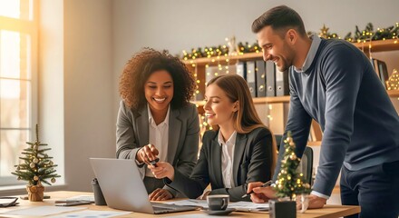 Diverse Business Team Working Collaboratively in Festive Office