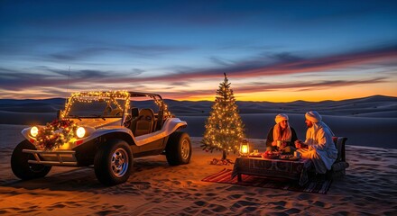 Desert Christmas Celebration with Buggy and Sunset