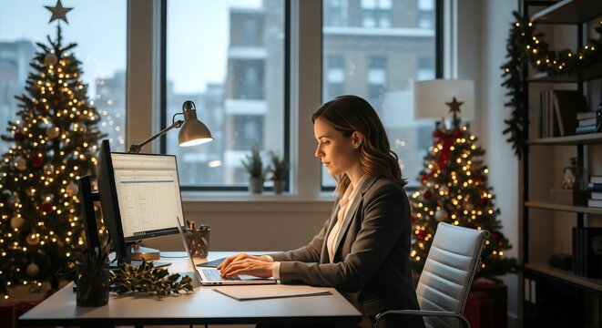 Businesswoman Working Late in Festive Christmas Office