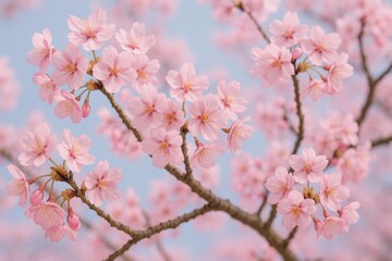Obraz premium Delicate pink cherry blossom flowers with soft petals creating elegant spring botanical display against clean white background