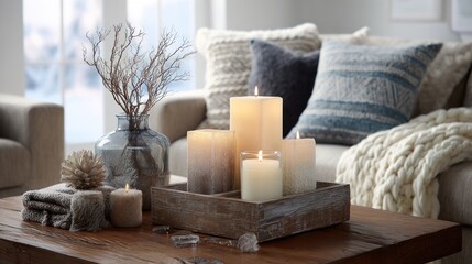 Cozy winter living room display with candles and decorative accents.