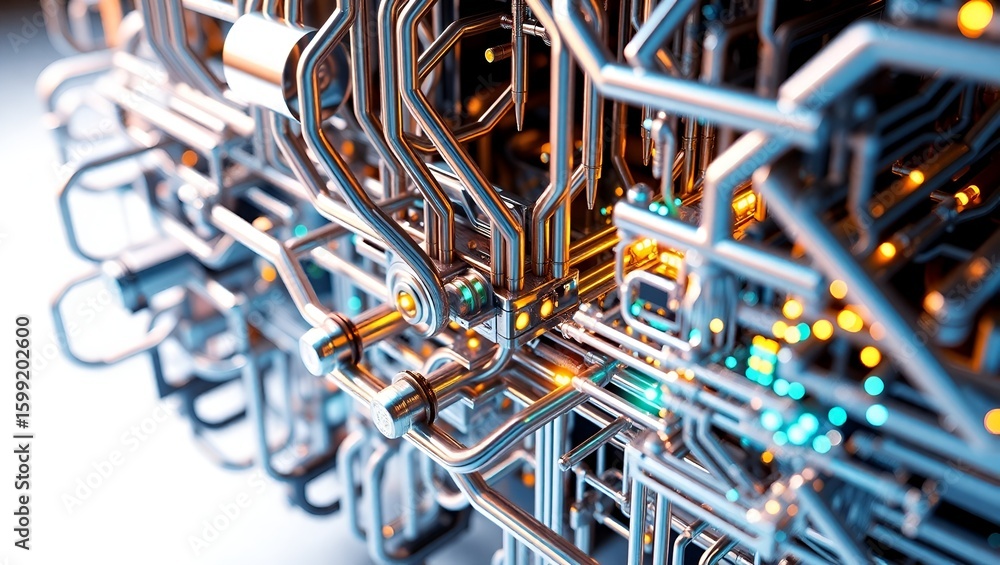 Poster intricate network of metallic pipes and tubes with vibrant lighting creating a complex structure.