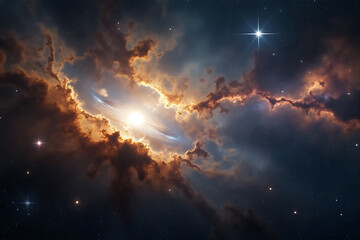 Vibrant nebula illuminated by a bright star in deep space