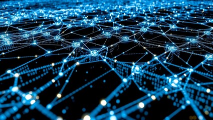 Obraz premium Intricate network of glowing blue nodes connected by lines creates a futuristic, digital effect.