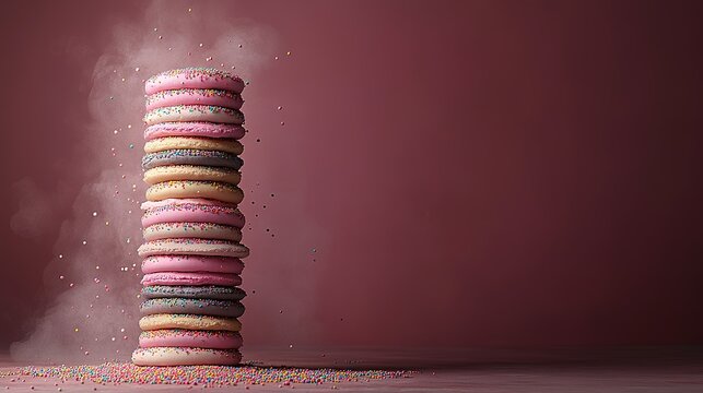 Tower of colorful cookies in a vibrant setting.