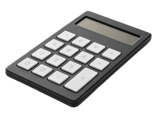 A close up shot of a gray and white calculator with a blank screen on a solid black background