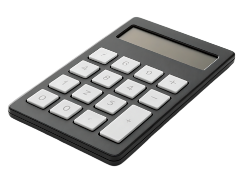A close up shot of a gray and white calculator with a blank screen on a solid black background