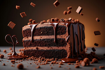 Decadent chocolate layer cake drizzled with ganache and falling chocolate chunks