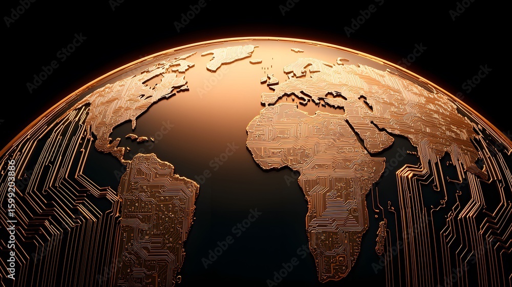 Poster circuit board styled world map in bronze, showcasing continents with circuit patterns on a black bac