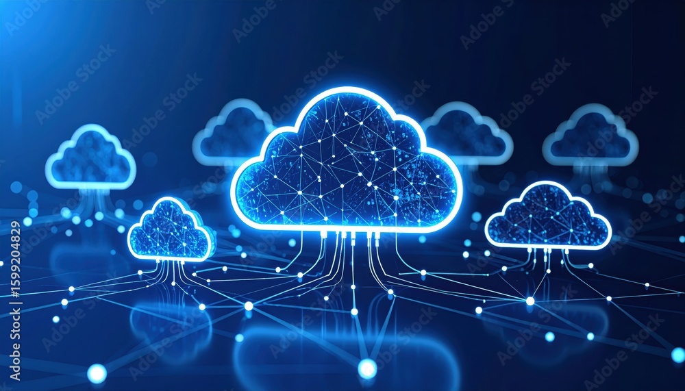 Wall mural futuristic digital cloud network with glowing connections and data nodes, symbolizing modern technol