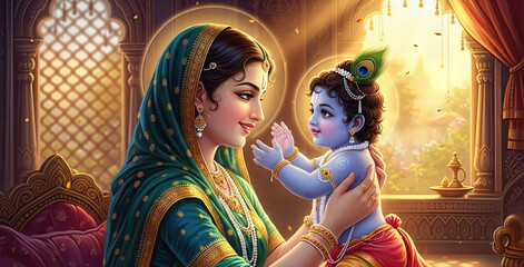 krishna janmashtami Divine Bond Between Yashoda and Baby Krishna in a Royal Palace Setting