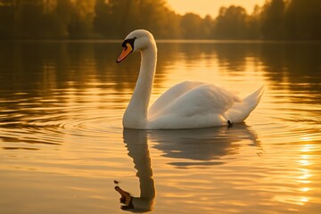 Fototapeta premium Elegant white swan gracefully swimming across crystal clear lake with perfect reflection mirrored below