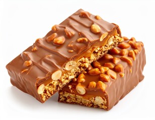 Close-up of a chocolate bar with caramel and nuts, showcasing a tempting treat ideal for food and snack concepts.