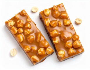 Close-up of caramel peanut bars with whole peanuts, ideal for snack and dessert themes.